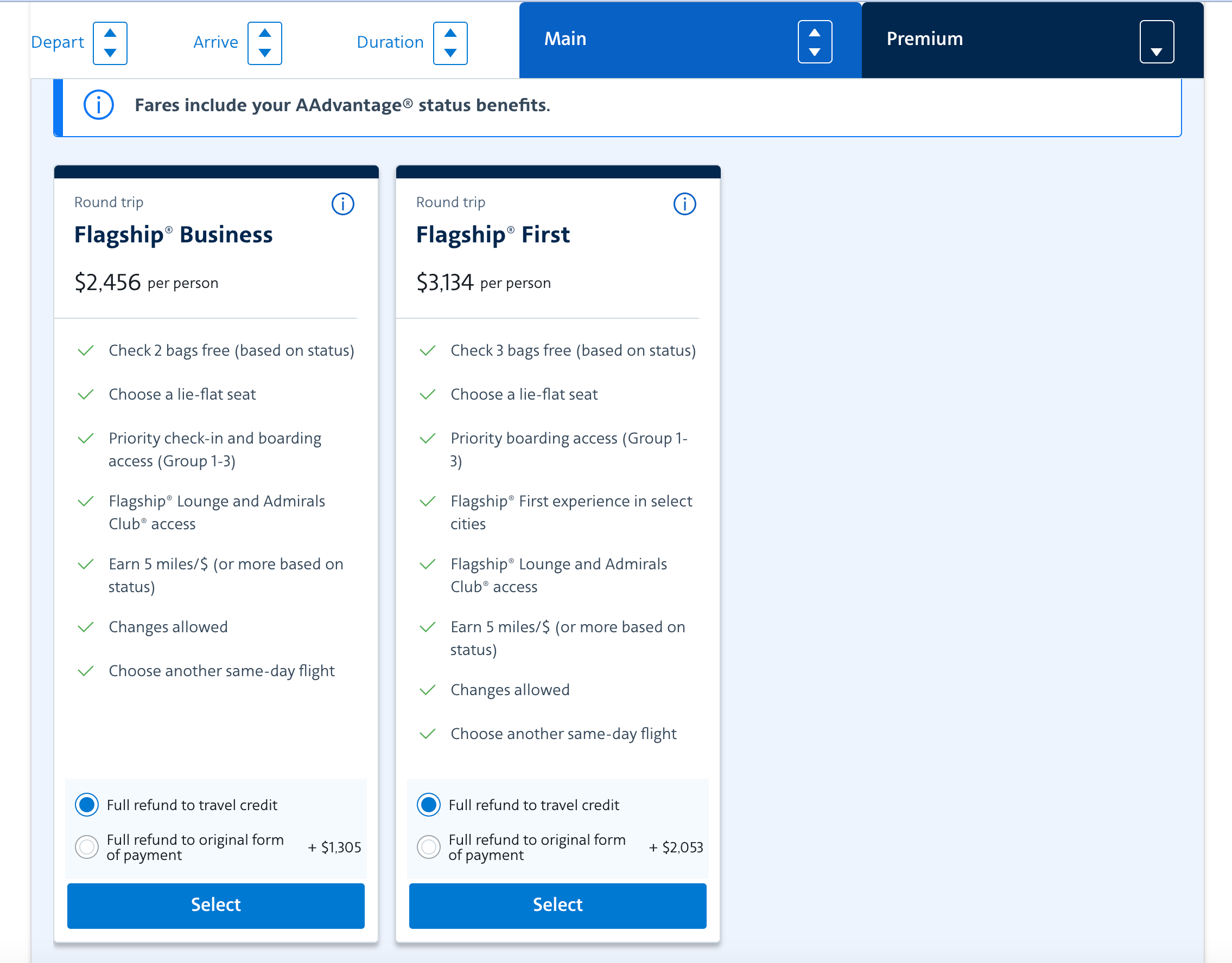 American Airlines booking options.